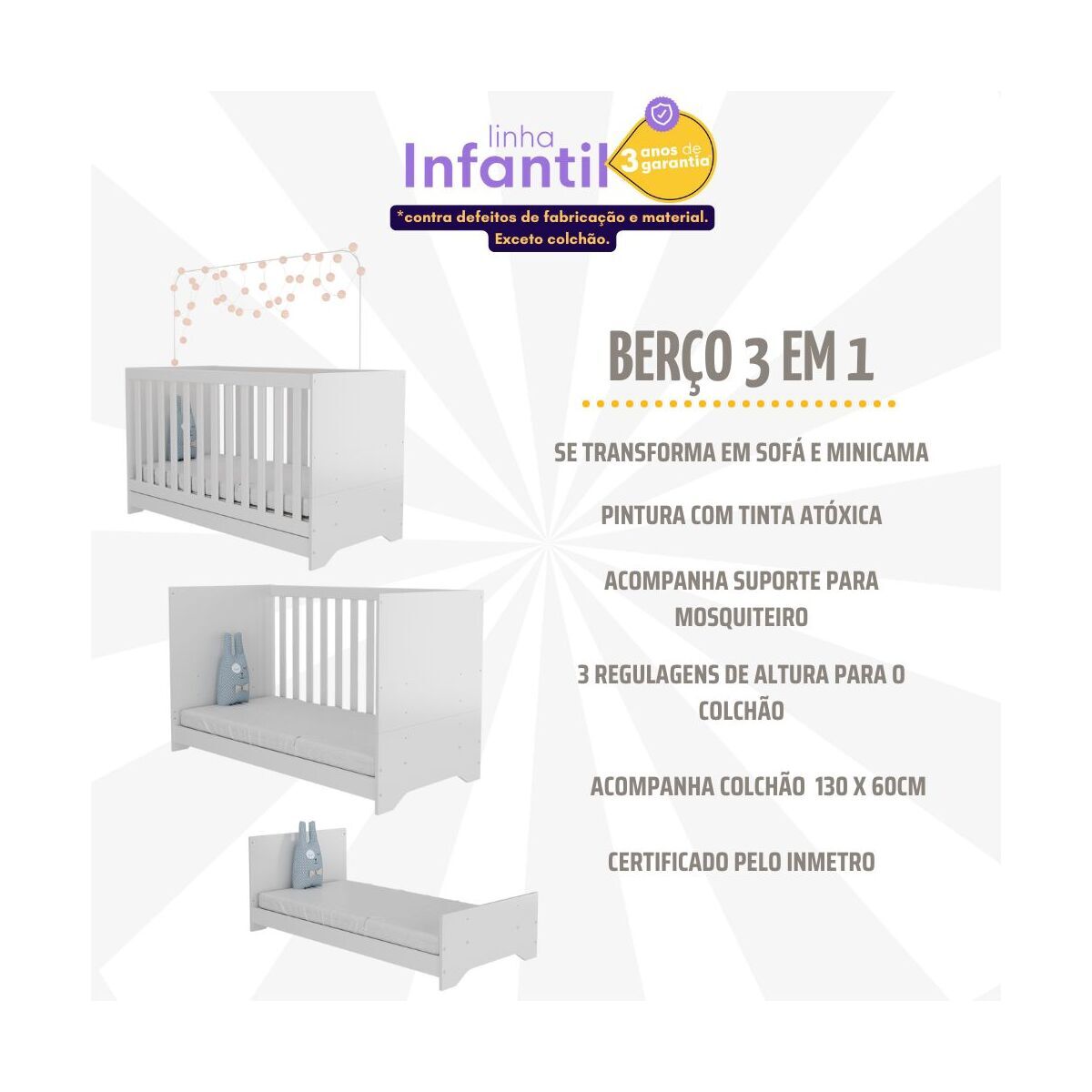 Encontraproduto.com.br - Quarto Infantil Completo com Berço 3 em 1 com Colchão Incluso e Baú Multimóveis MP4357 Branco/Colorido