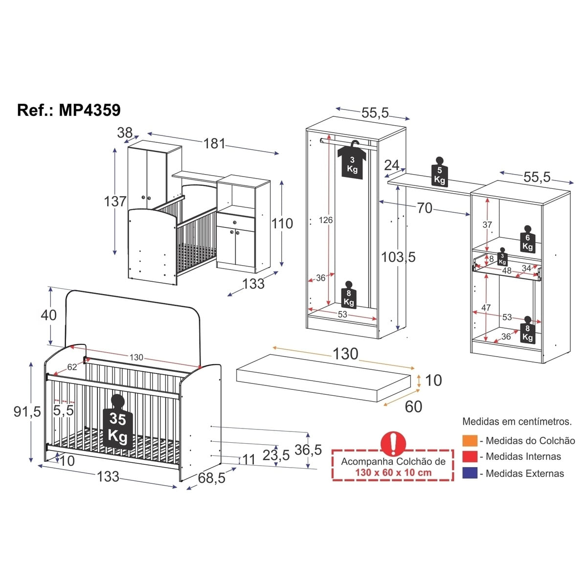 Encontraproduto.com.br - Quarto Infantil Completo Berço com Colchão Incluso Guarda-Roupa e Cômoda Multimóveis MP4359 Branco