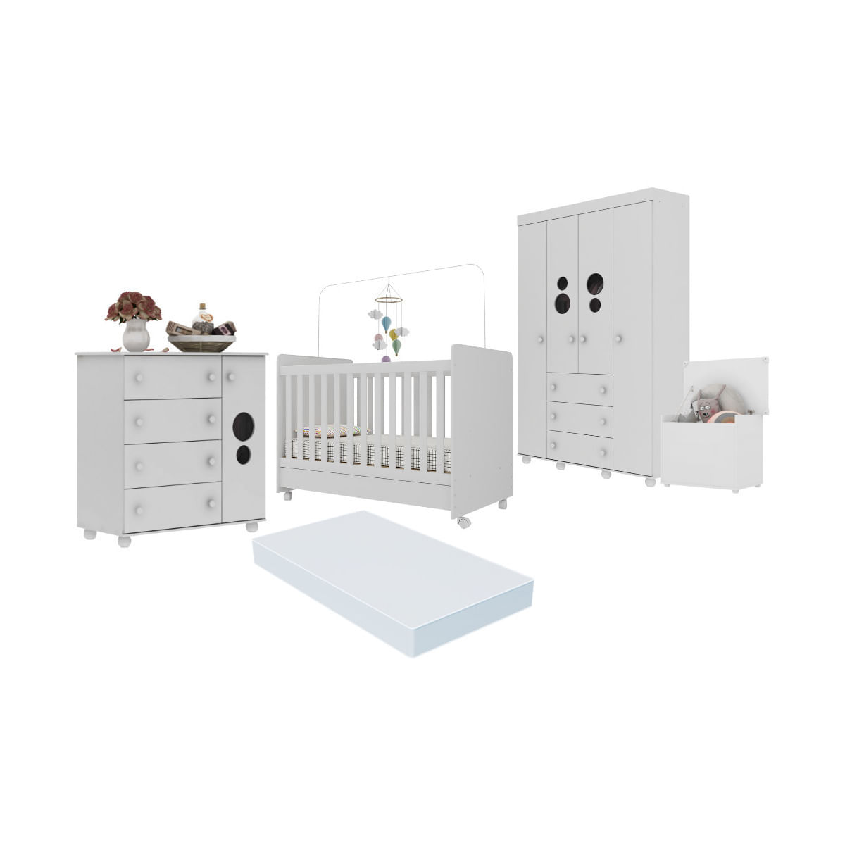 Encontraproduto.com.br - Quarto Infantil Completo com Berço Americano 3 em 1 com Colchão Incluso Multimóveis MP4361 Branco