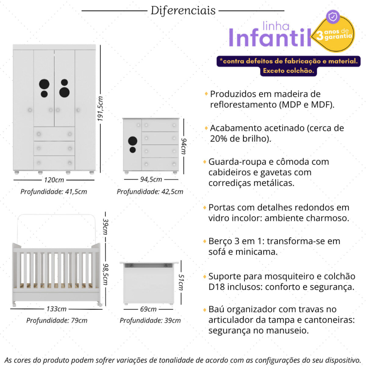 Encontraproduto.com.br - Quarto Infantil Completo com Berço Americano 3 em 1 com Colchão Incluso Multimóveis MP4361 Branco