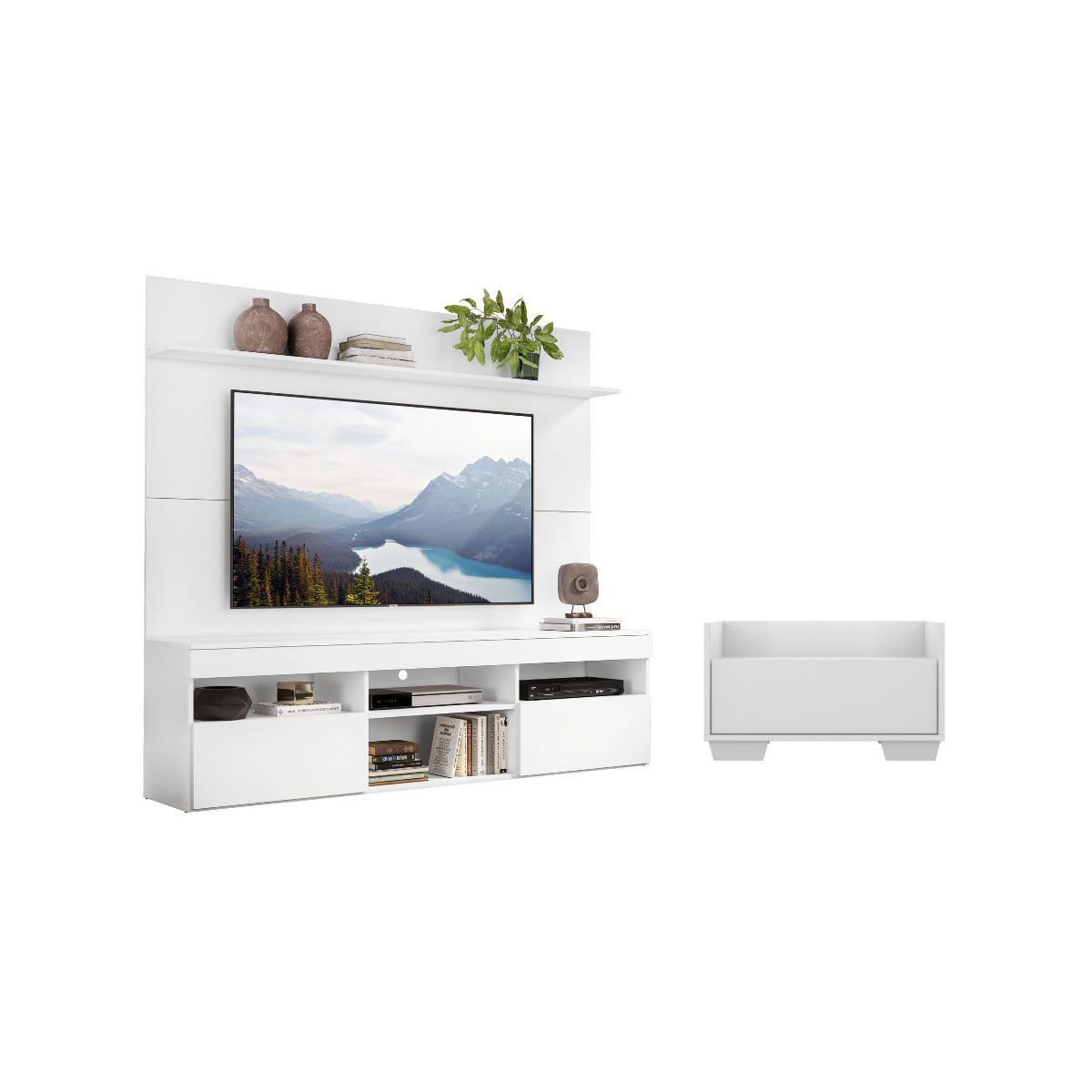 Mesa de Cabeceira 1 Gaveta com Rack com Painel para TV Até 65 Polegadas Multimóveis MP4366 Branco