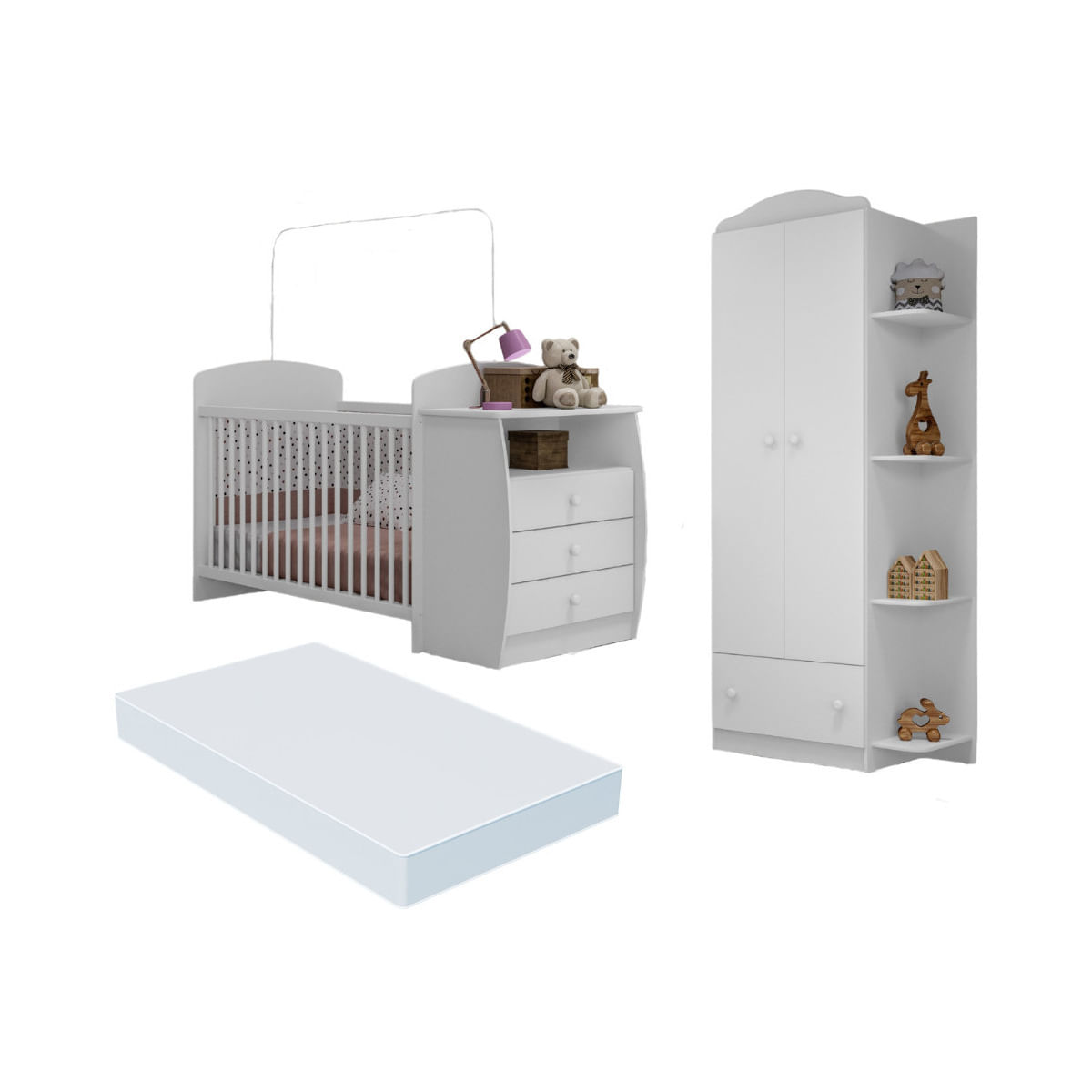 Berço Cômoda com Colchão Incluso e Guarda-Roupa 2 Portas 1 Gaveta Multimóveis MP4373 Branco/Colorido