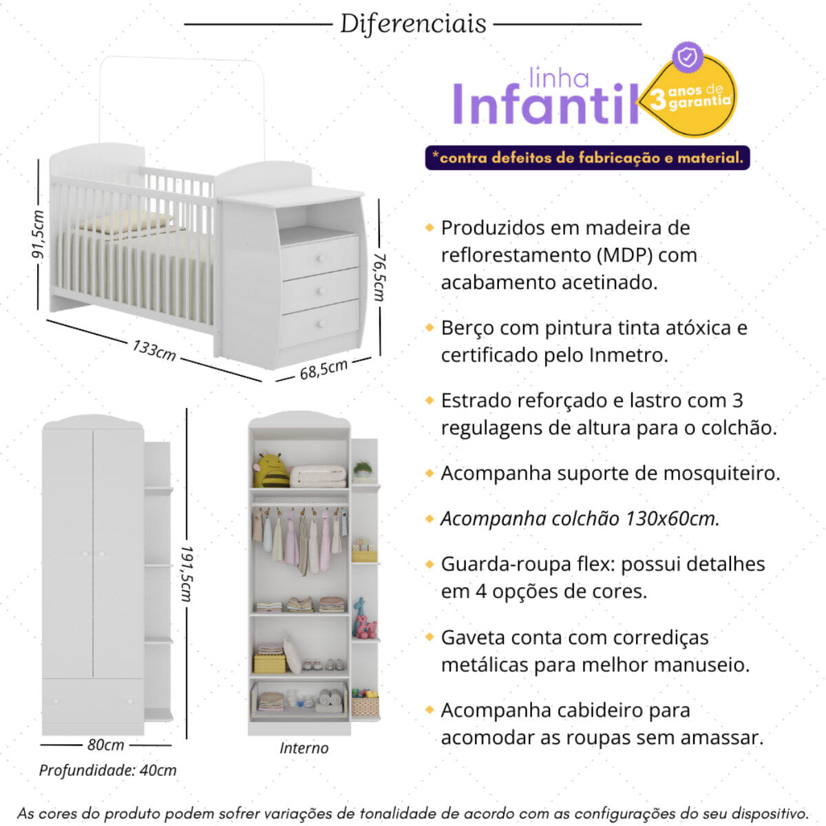 Encontraproduto.com.br - Berço Cômoda com Colchão Incluso e Guarda-Roupa 2 Portas 1 Gaveta Multimóveis MP4373 Branco/Colorido