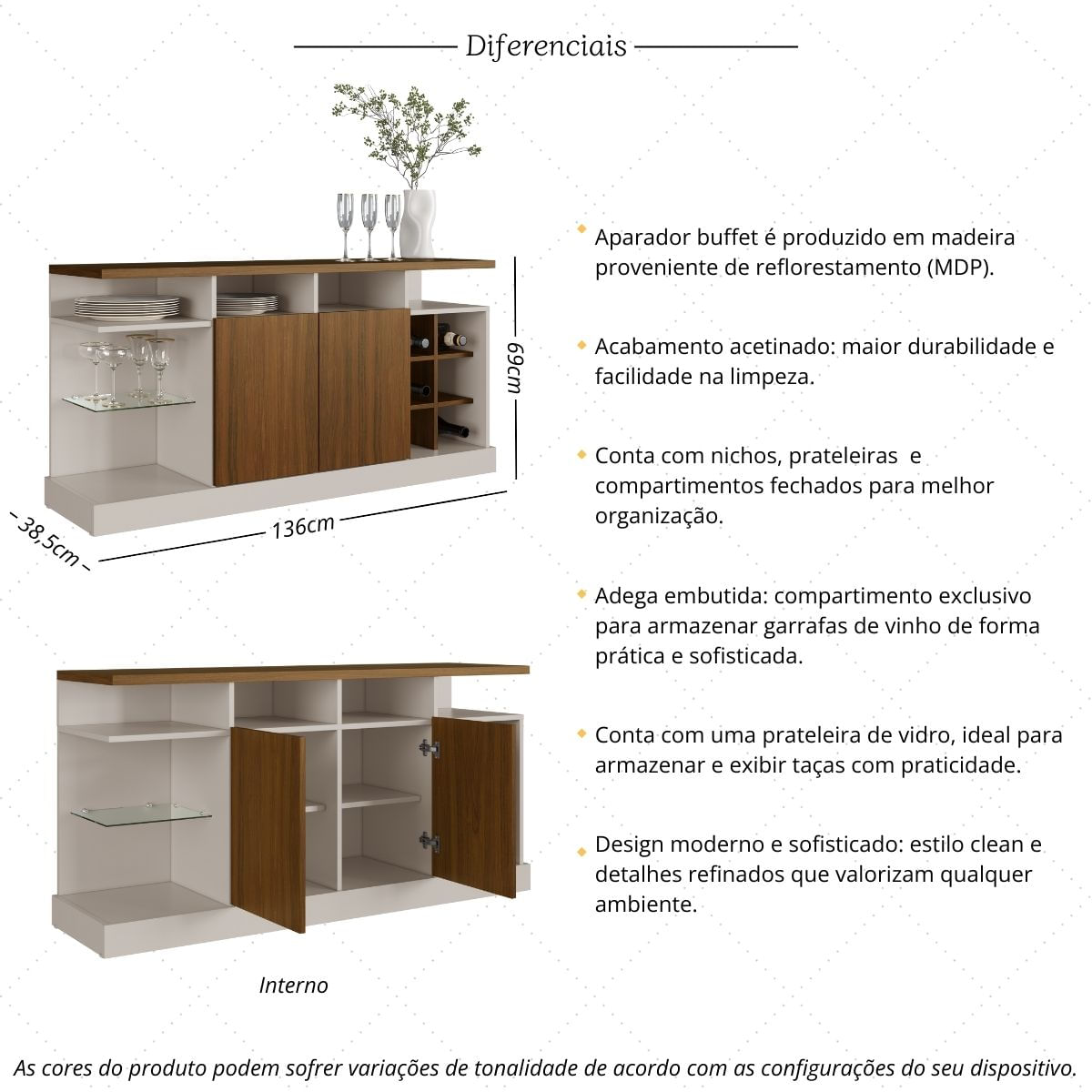Aparador Buffet 136cm com Adega Embutida Multimóveis MP1100 Off White/Madeirado