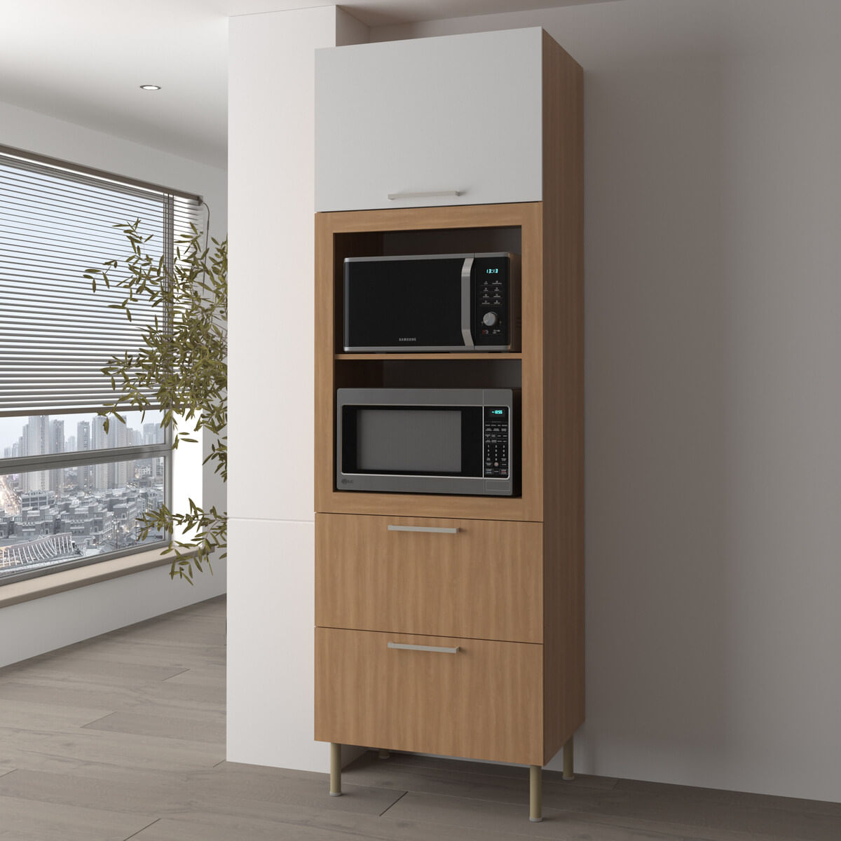 Paneleiro Torre Quente para Forno/Micro-ondas 1 Porta 2 Gavetas 80cm Multimóveis CR20443 Freijó/Branco