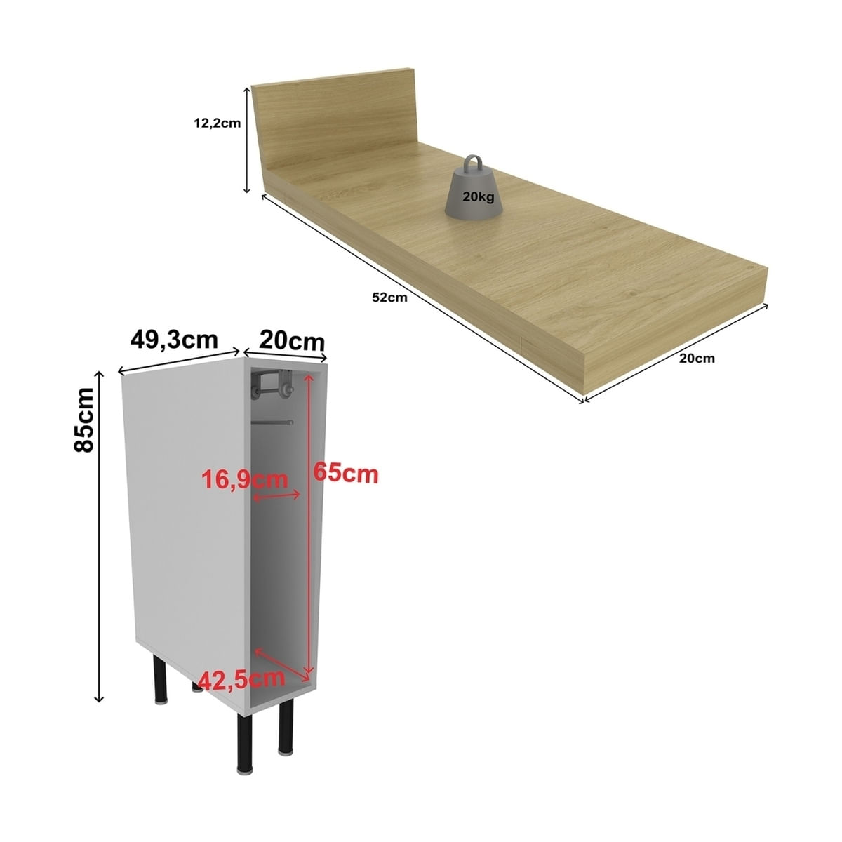Encontraproduto.com.br - Balcão de Cozinha em MDF com Tampo e Porta-Toalhas 20cm Multimóveis CR20465 Branco/Carvalho Tropical