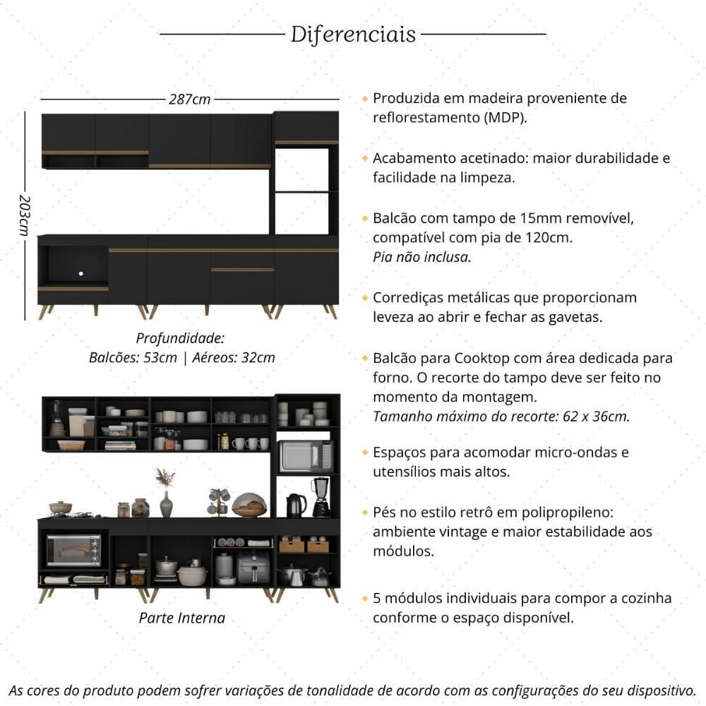 Encontraproduto.com.br - Cozinha Modulada Completa Compacta 5 Pçs com Balcão para Cooktop Veneza Multimóveis MP2268 Preto/Dourado