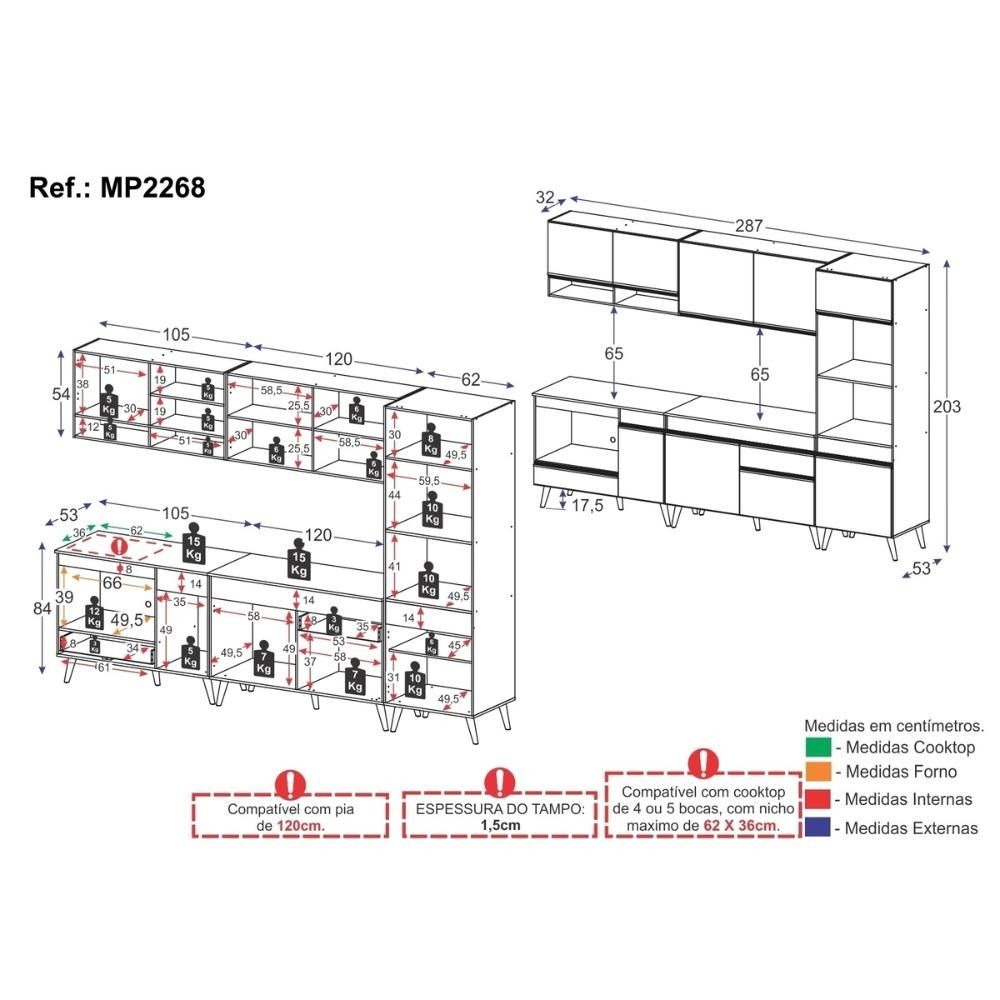 Encontraproduto.com.br - Cozinha Modulada Completa Compacta 5 Pçs com Balcão para Cooktop Veneza Multimóveis MP2268 Preto/Dourado