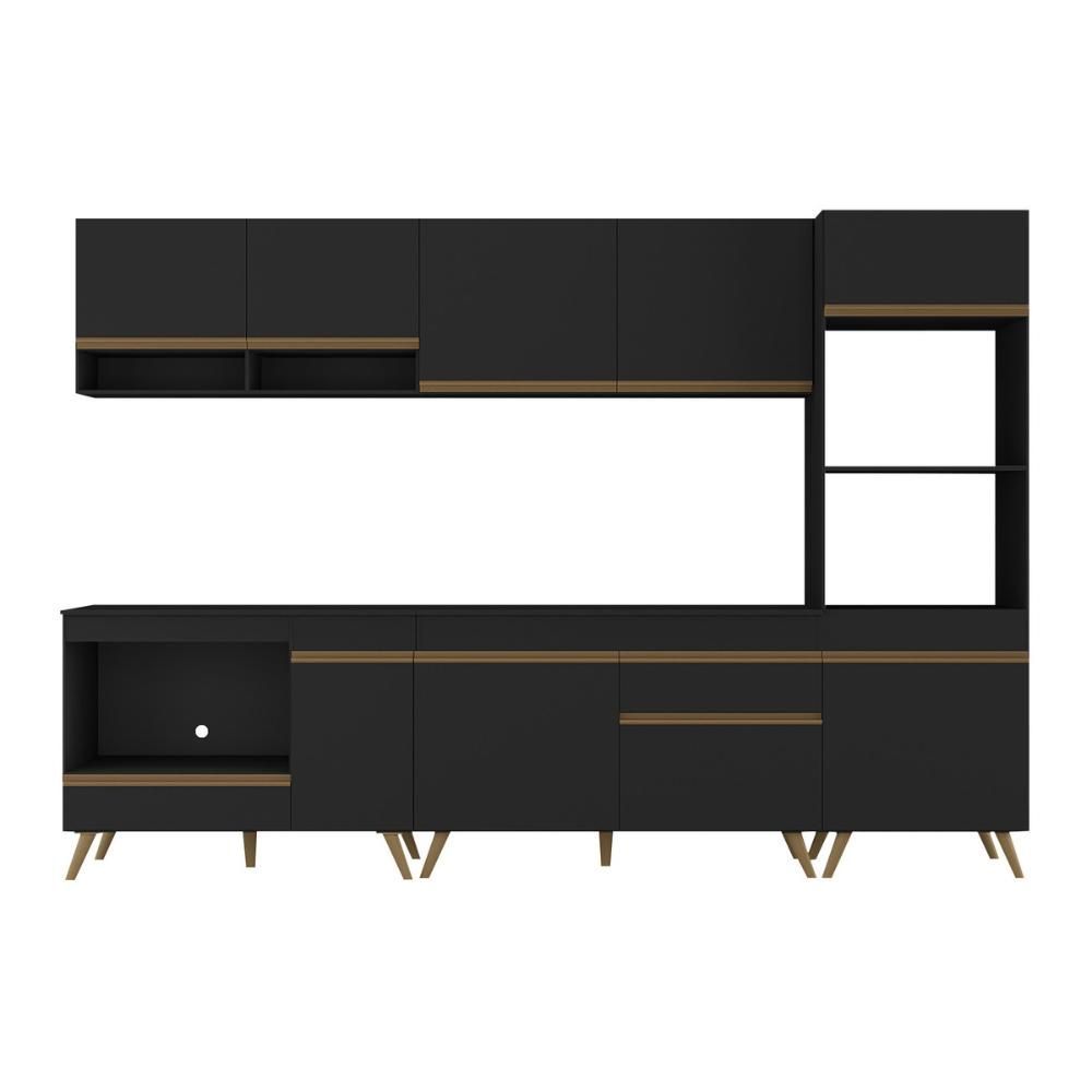 Encontraproduto.com.br - Cozinha Modulada Completa Compacta 5 Pçs com Balcão para Cooktop Veneza Multimóveis MP2268 Preto/Dourado
