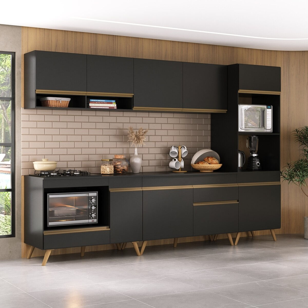 Cozinha Modulada Completa Compacta 5 Pçs com Balcão para Cooktop Veneza Multimóveis MP2268 Preto/Dourado