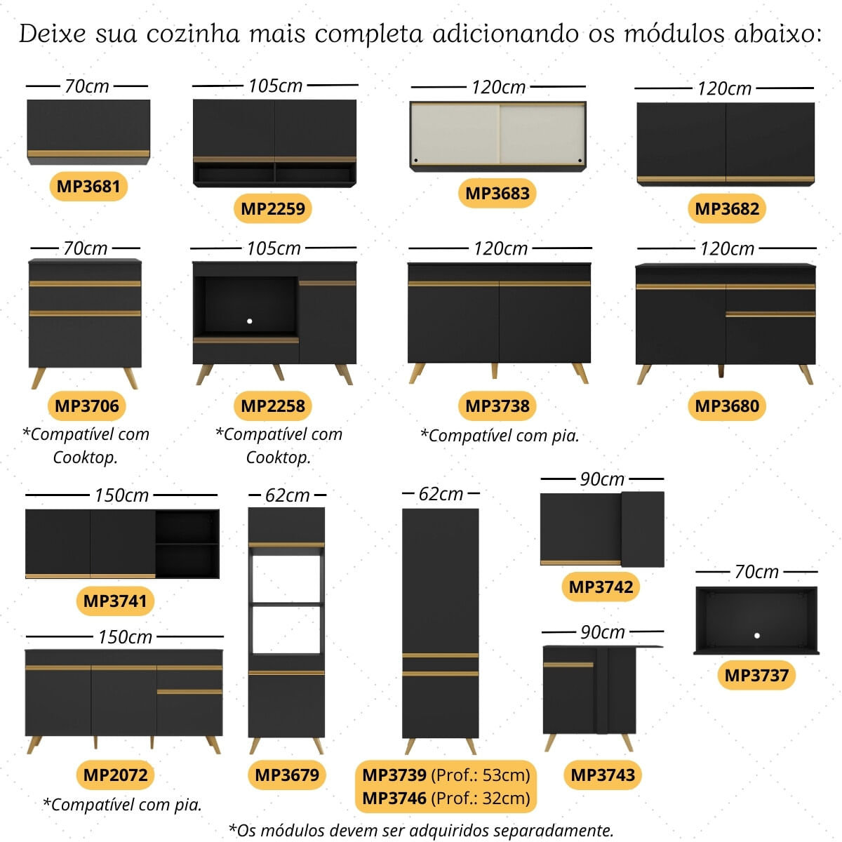 Encontraproduto.com.br - Cozinha Modulada Completa Compacta 5 Pçs com Balcão para Cooktop Veneza Multimóveis MP2268 Preto/Dourado