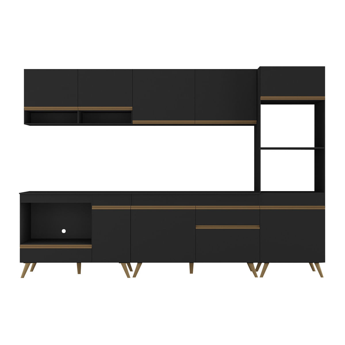 Encontraproduto.com.br - Cozinha Modulada Completa Compacta 5 Pçs com Balcão para Cooktop Veneza Multimóveis MP2268 Preto/Dourado