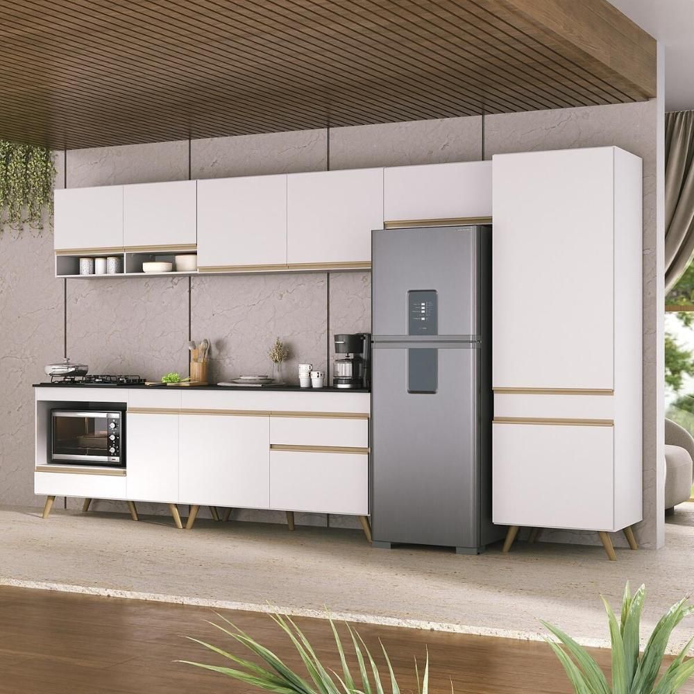 Encontraproduto.com.br - Cozinha Modulada Completa 357cm 6 Peças com Balcão para Cooktop Veneza Multimóveis MP2277 Branco/Dourado
