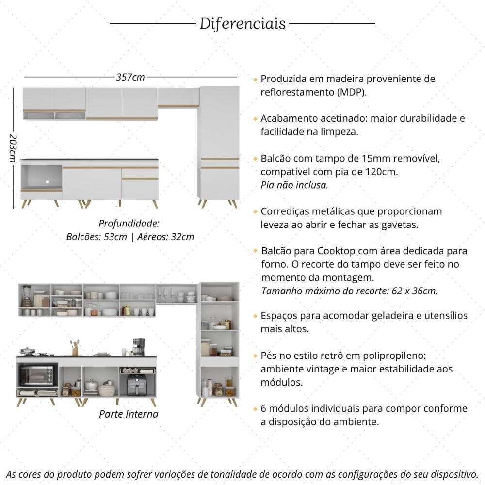 Encontraproduto.com.br - Cozinha Modulada Completa 357cm 6 Peças com Balcão para Cooktop Veneza Multimóveis MP2277 Branco/Dourado