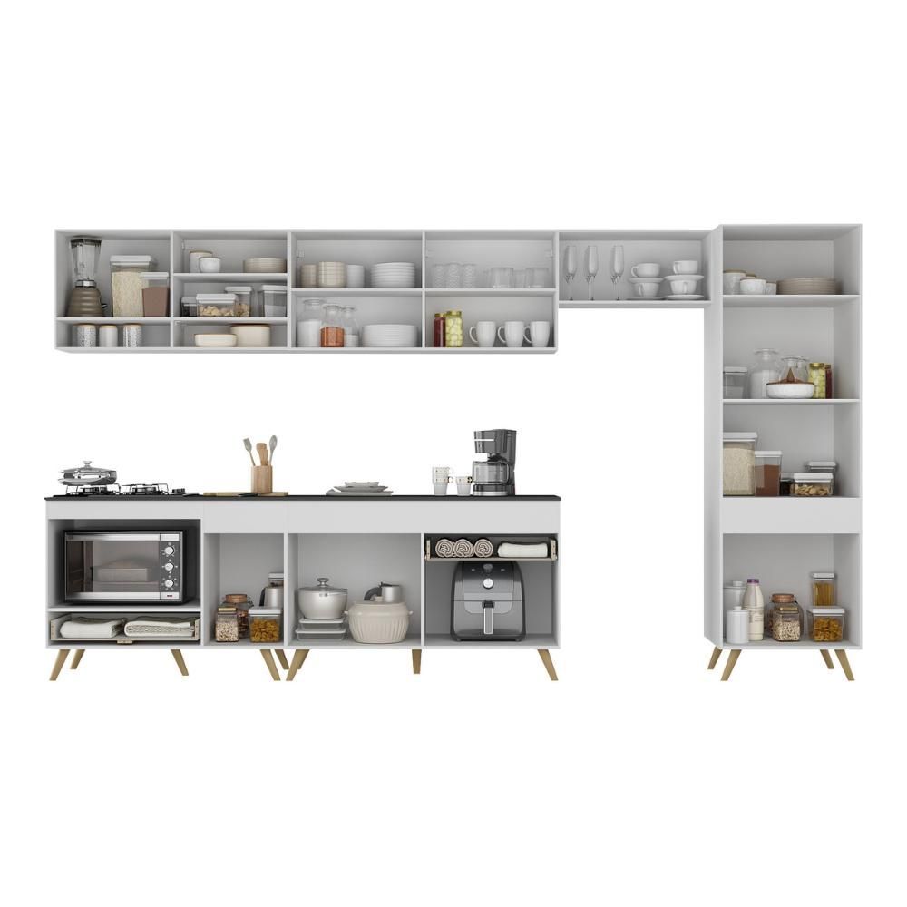 Encontraproduto.com.br - Cozinha Modulada Completa 357cm 6 Peças com Balcão para Cooktop Veneza Multimóveis MP2277 Branco/Dourado