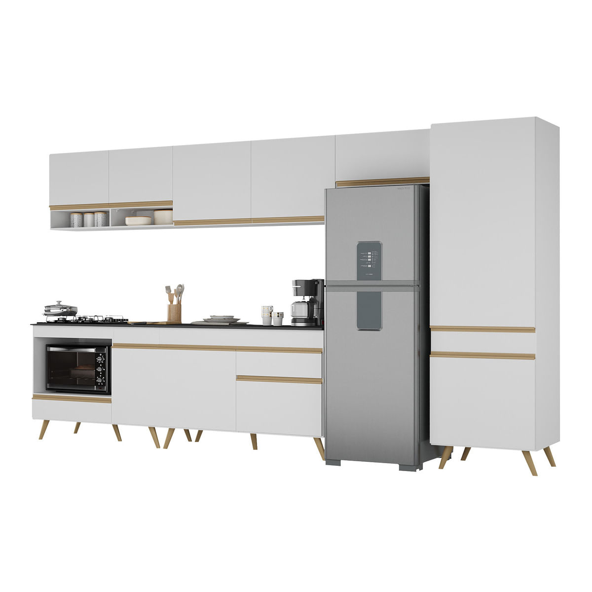 Encontraproduto.com.br - Cozinha Modulada Completa 357cm 6 Peças com Balcão para Cooktop Veneza Multimóveis MP2277 Branco/Dourado