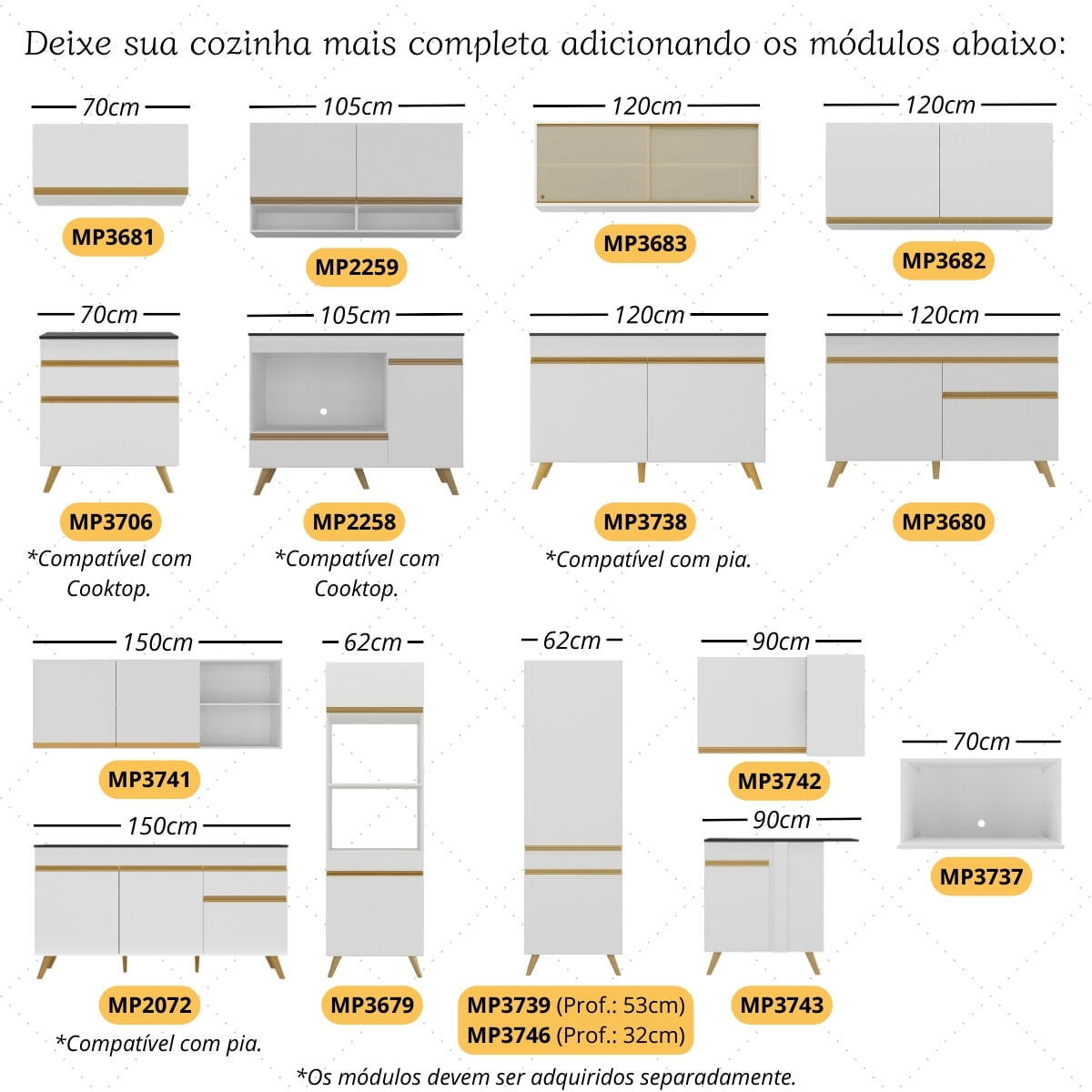 Encontraproduto.com.br - Cozinha Modulada Completa 357cm 6 Peças com Balcão para Cooktop Veneza Multimóveis MP2277 Branco/Dourado