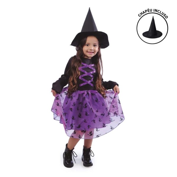 Encontraproduto.com.br - Fantasia Halloween Infantil Menina Bruxa Feiticeira Com Chapeu - P 3 - 6