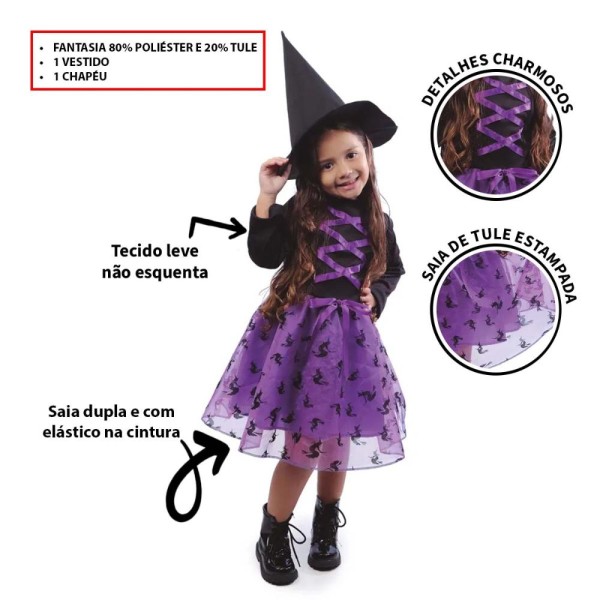 Encontraproduto.com.br - Fantasia Halloween Infantil Menina Bruxa Feiticeira Com Chapeu - P 3 - 6
