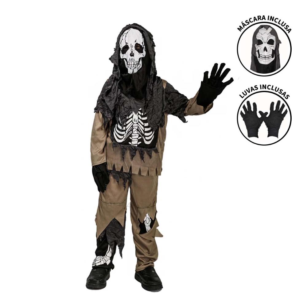 Encontraproduto.com.br - Fantasia Esqueleto Jason Halloween Infantil Com Mascara e Luva - M 6 - 9