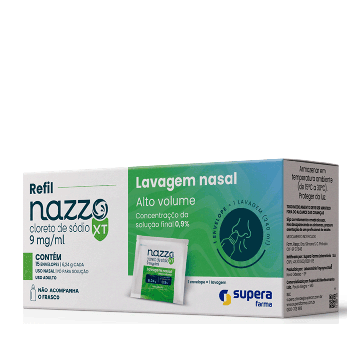 Encontraproduto.com.br - Nazzo XT Cloreto de Sódio 9mg/ml Pó para Solução Nasal 15 Envelopes 6,24g Cada