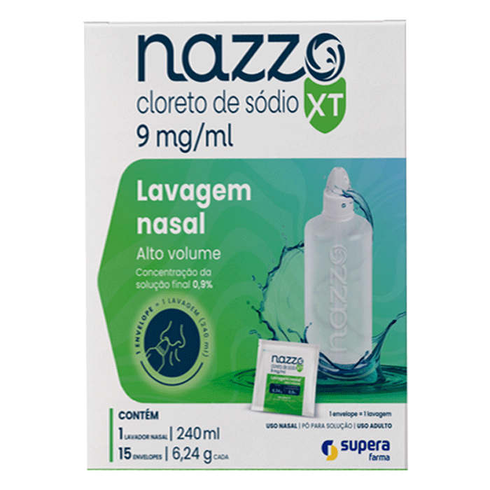 Encontraproduto.com.br - Nazzo XT Cloreto de Sódio 9mg/ml Pó para Solução Nasal 15 Envelopes 6,24g Cada + 1 Lavador Nasal 240ml