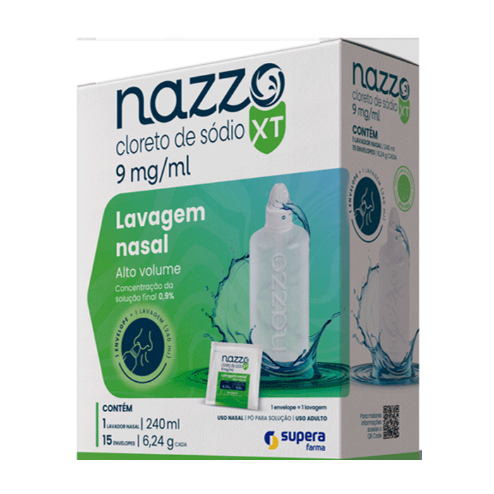 Encontraproduto.com.br - Nazzo XT Cloreto de Sódio 9mg/ml Pó para Solução Nasal 15 Envelopes 6,24g Cada + 1 Lavador Nasal 240ml