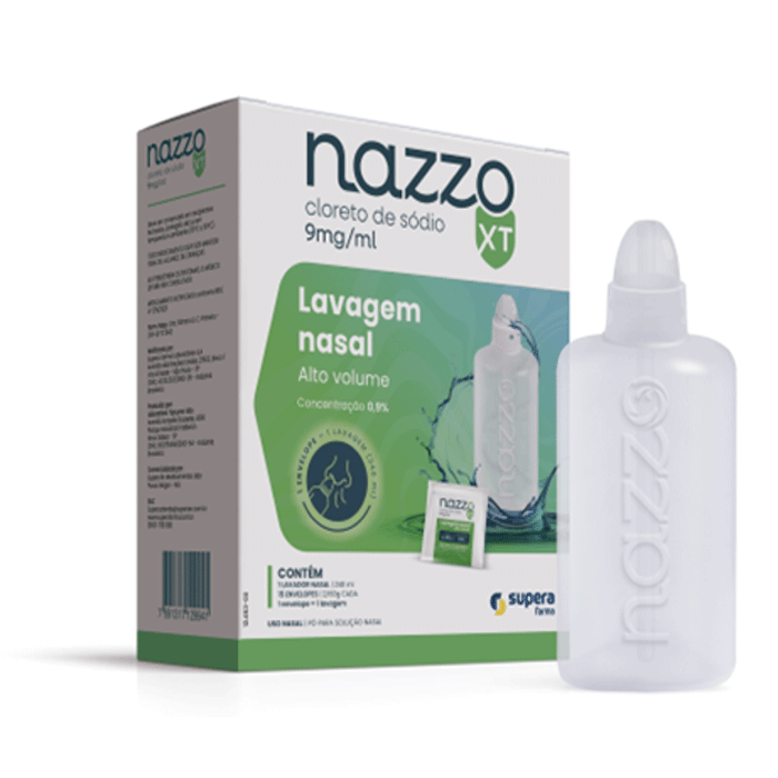 Encontraproduto.com.br - Nazzo XT Cloreto de Sódio 9mg/ml Pó para Solução Nasal 15 Envelopes 6,24g Cada + 1 Lavador Nasal 240ml