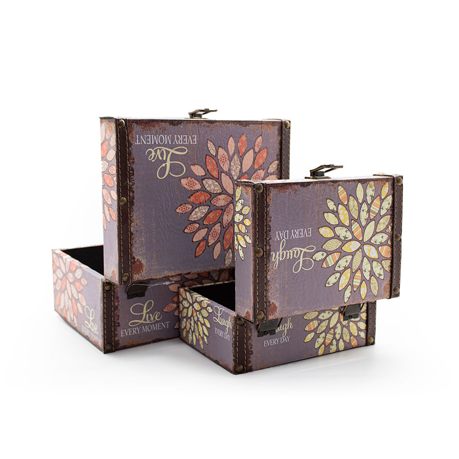 Encontraproduto.com.br - Conjunto Baús Decor 2 Peças Roxo com Flores