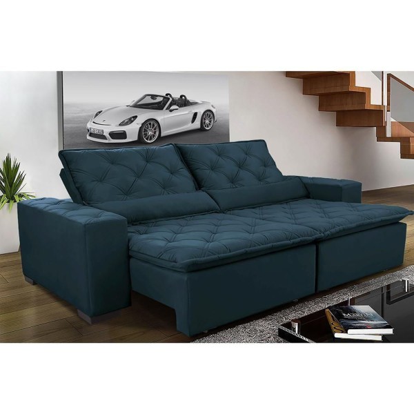 Sofá Magnum 2,22m Retrátil, Reclinável Com Molas E Almofadas Lombar Tecido Suede Velusoft Azul