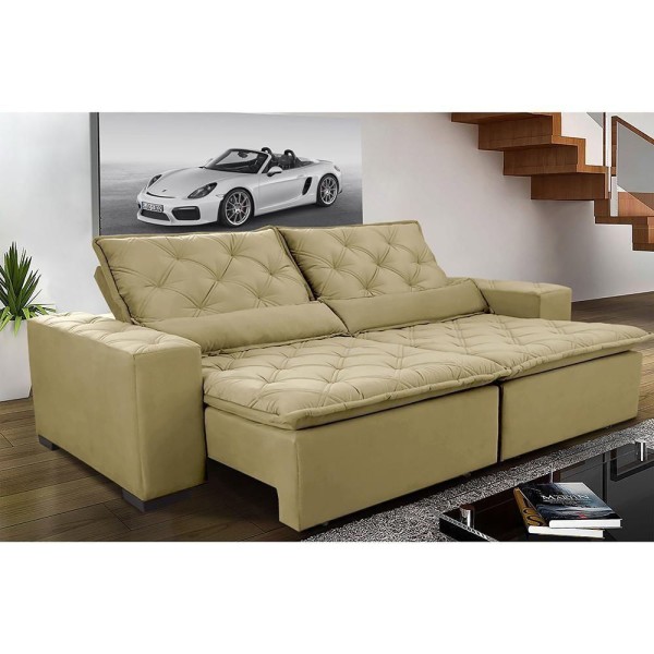 Encontraproduto.com.br - Sofá Magnum 2,82m Retrátil, Reclinável Com Molas E Almofadas Lombar Tecido Suede Velusoft Bege
