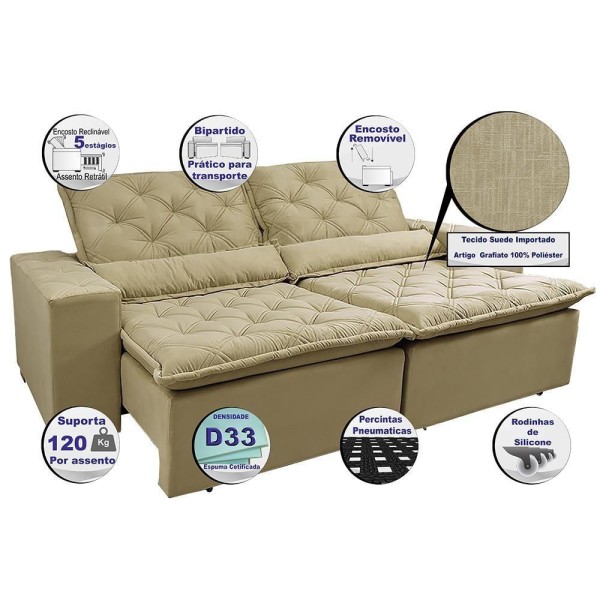 Encontraproduto.com.br - Sofá Magnum 2,82m Retrátil, Reclinável Com Molas E Almofadas Lombar Tecido Suede Velusoft Bege