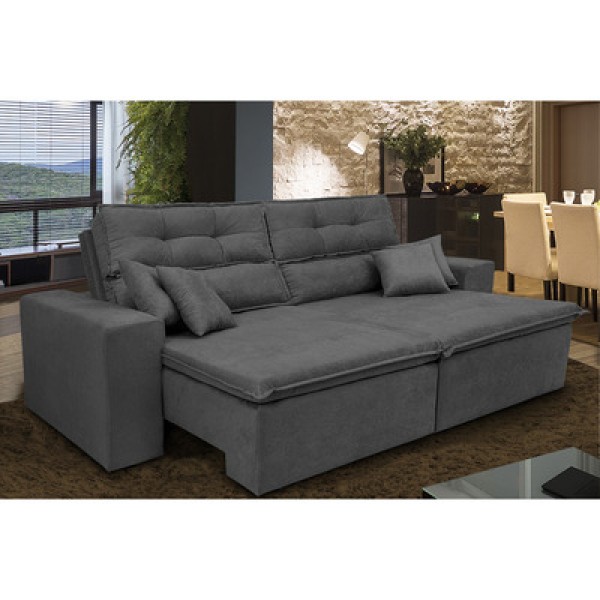 Encontraproduto.com.br - Sofá Cairo 2,52m Retrátil, Reclinável Tecido Suede Cinza