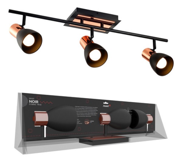 Luminária Trilho de Spot 3 Lâmpadas Trio Noir Aço Avant Cobre Bivolt
