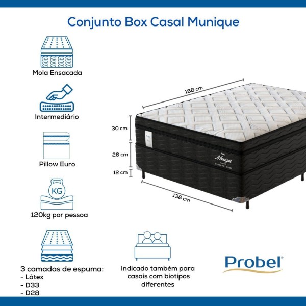 Encontraproduto.com.br - Conjunto Box Casal Mola Ensacada Probel Munique (138x188x56cm)