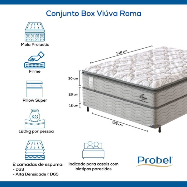 Encontraproduto.com.br - Conjunto Box Viúva Mola Probel Roma (128x188x56cm)