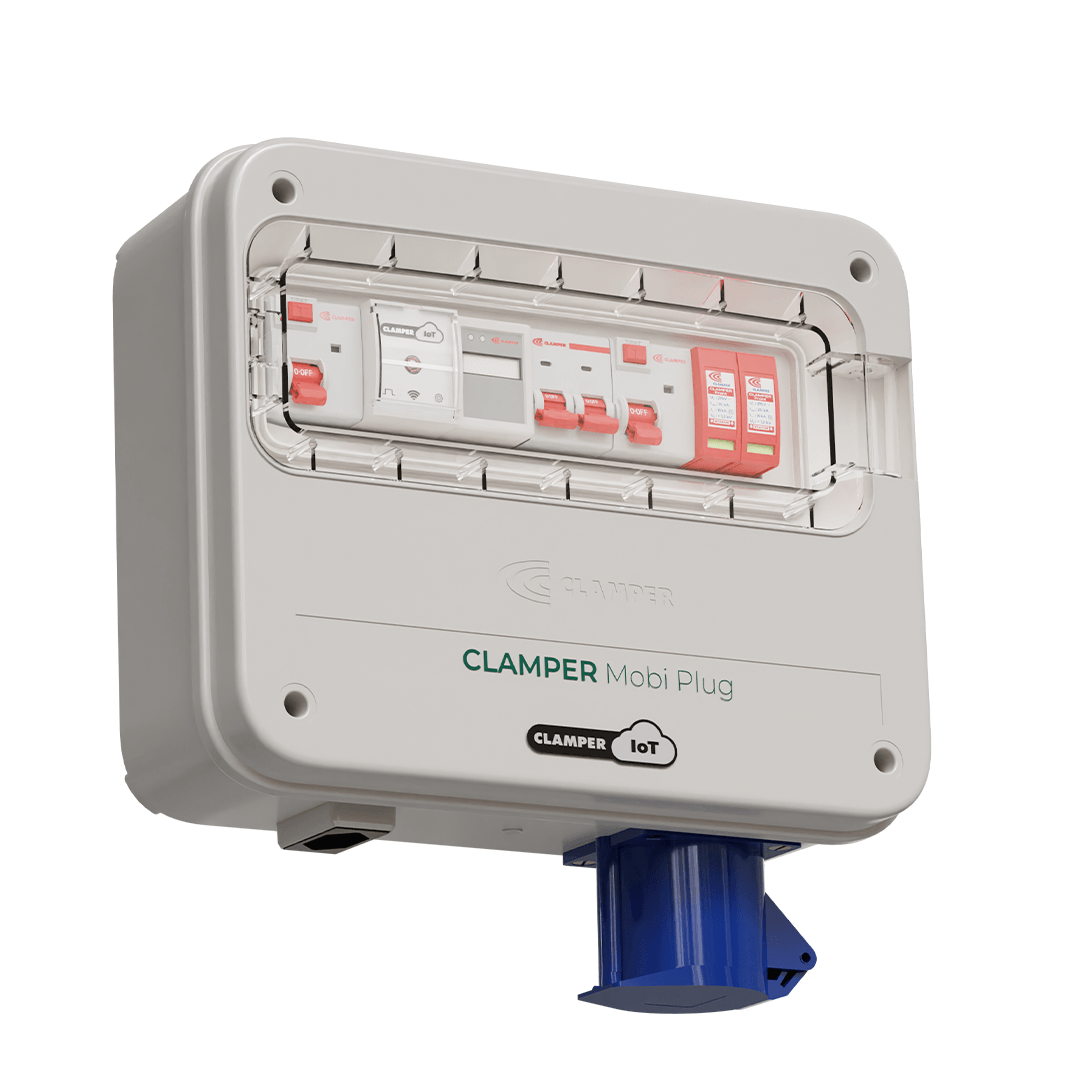 Quadro de proteção para carregadores veiculares - 1 tomada de 32 amperes + 1 tomada de 20 amperes - 127/220 volts - CLAMPER Mobi Plug IoT 220V 8+5KW C