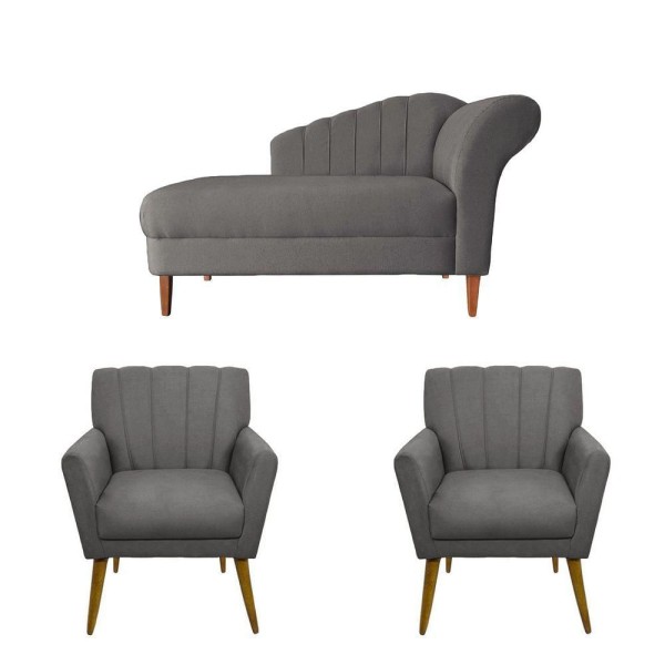 Encontraproduto.com.br - Kit Recamier Divã Olivia 160cm + 02 Poltrona Decorativa Olivia Suede Cinza - Am Interiores