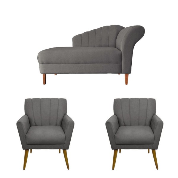 Encontraproduto.com.br - Kit Recamier Divã Olivia 160cm + 02 Poltrona Decorativa Olivia Suede Cinza - Am Interiores