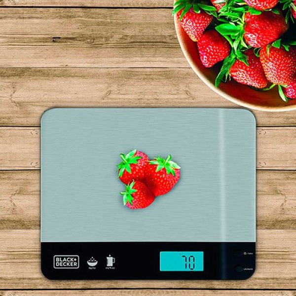 Encontraproduto.com.br - Balança De Cozinha Compacta E Portátil Black Decker, Modelo Bc500, Eletrodoméstico Com Acabamento Inox, Capacidade De Até 5kg, À Pilha