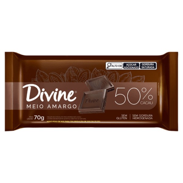 Chocolate em Barra Divine Meio Amargo 50% Cacau 70g | Display com 16 Unidades