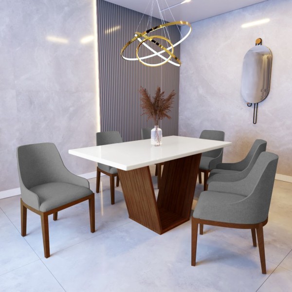 Encontraproduto.com.br - Mesa De Jantar 1,6m Safira Off White Com 6 Cadeiras Elisa Linho Cinza Madeira Maciça Imbuia