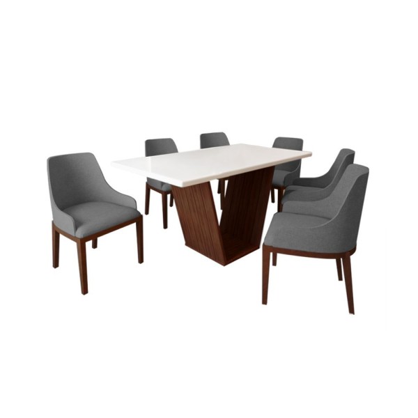 Encontraproduto.com.br - Mesa De Jantar 1,6m Safira Off White Com 6 Cadeiras Elisa Linho Cinza Madeira Maciça Imbuia