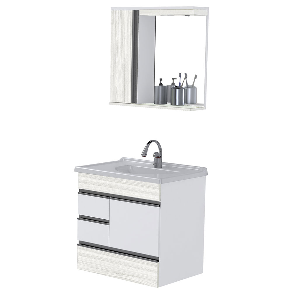 Kit Gabinete + Espelheira para Banheiro 59,5cm MDP Módena Suspenso Palissandro Ártico com Pia - Rorato