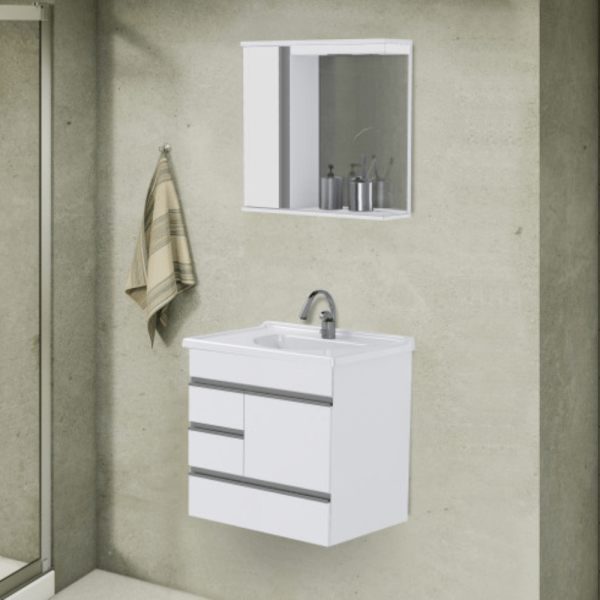 Kit Armário Suspenso C/ Lavatório e Espelho 59,5cm Branco Modena