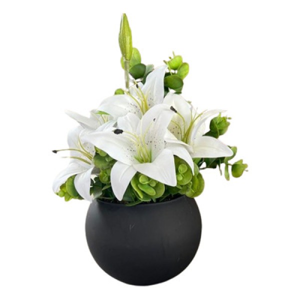Encontraproduto.com.br - Arranjo Centro De Mesa Lírio Branco Completo Artificial Vaso Preto