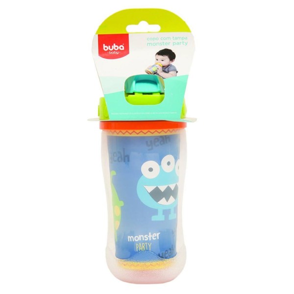 Encontraproduto.com.br - Copo Infantil Com Tampa E Canudo 320ml Monster Party Buba Cor Azul
