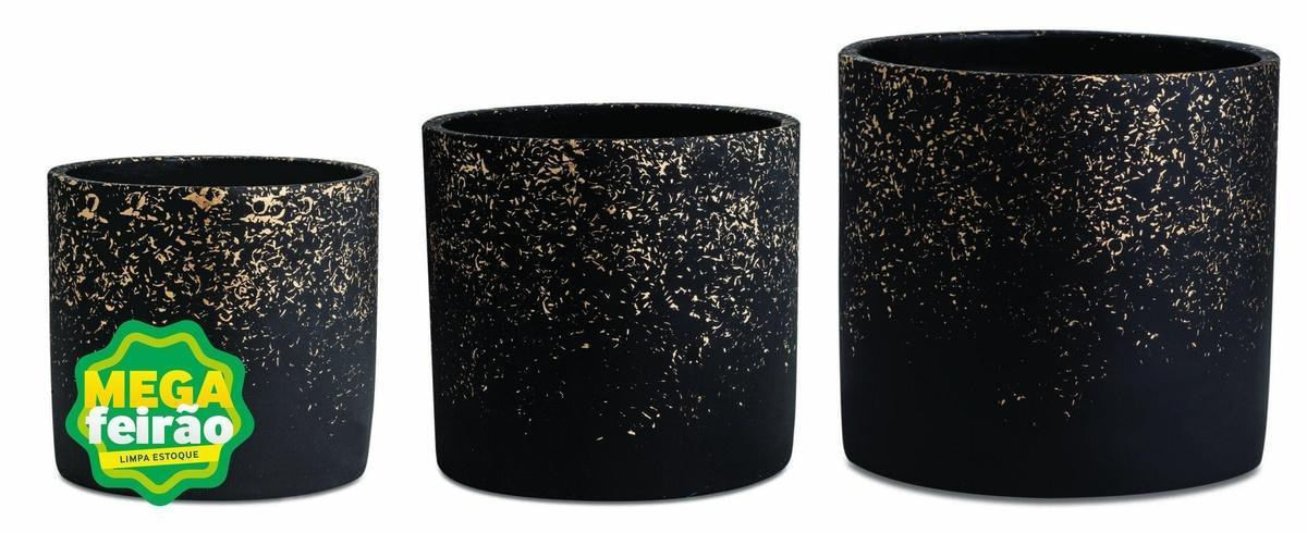 Vaso Decorativo Cachepot Mart Collection Cimento Preto e Dourado Vaso Decorativo com Kit com 3 Peças