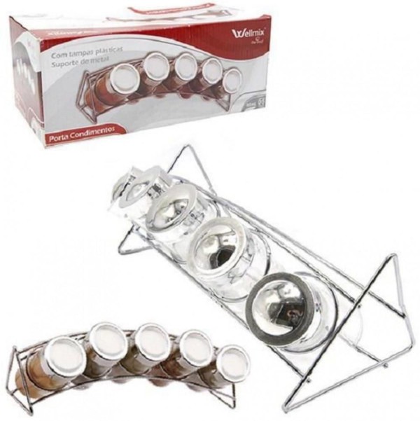 Encontraproduto.com.br - Porta Condimento De Vidro 5 Potes e Suporte Wellmix