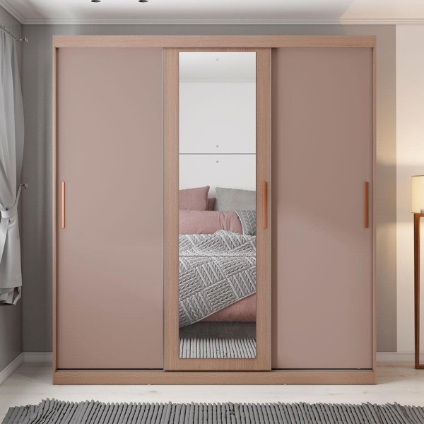 Guarda-Roupa Casal Bartira Paris com 201 cm de Largura, Espelho, 3 Portas de Correr e 2 Gavetas Avelã/Capuccino